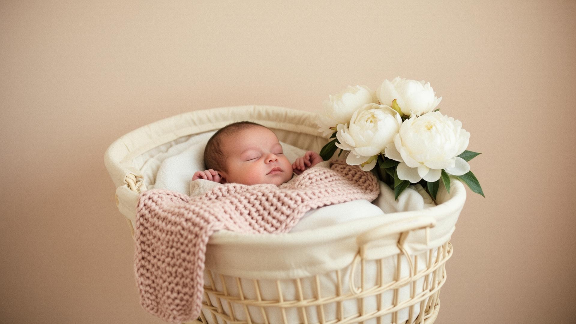 A peaceful baby resting in a soft cream bassinet with knitted blanket